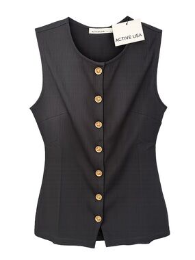 Active USA Black Sleeveless Button-Front Vest with Gold Buttons
